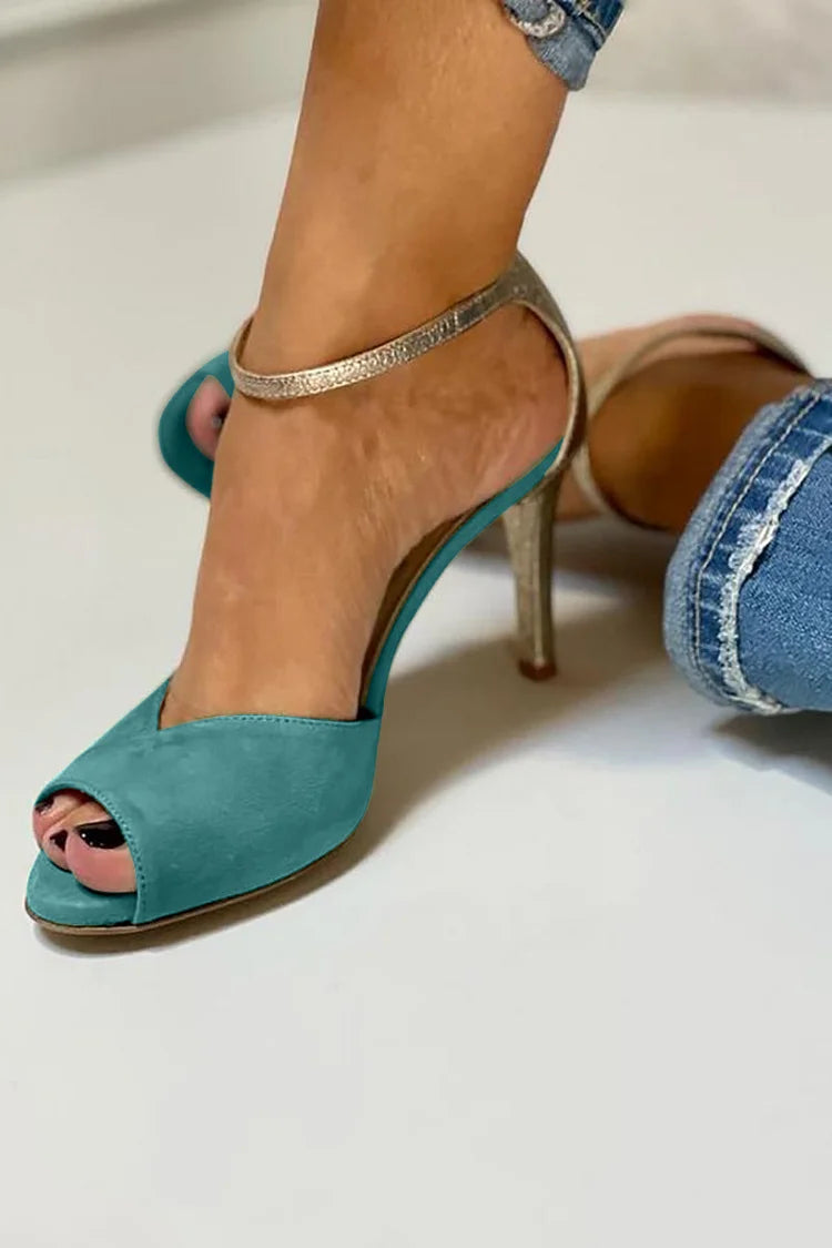 LIV | BLIZGANTYS PEEP-TOE Z WYSOKIM OBCASIEM, PASEK I ZAPIĘCIE
