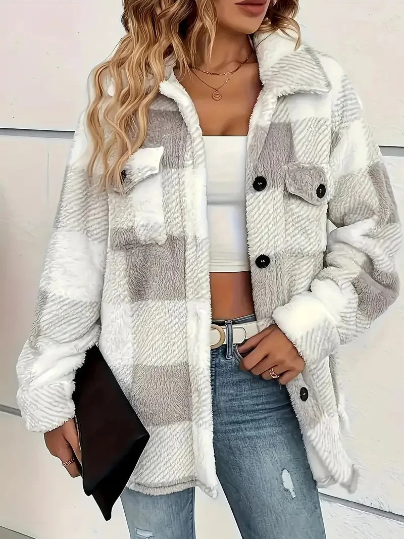 Casa | Elegancka Kurtka Fleece w Kratę